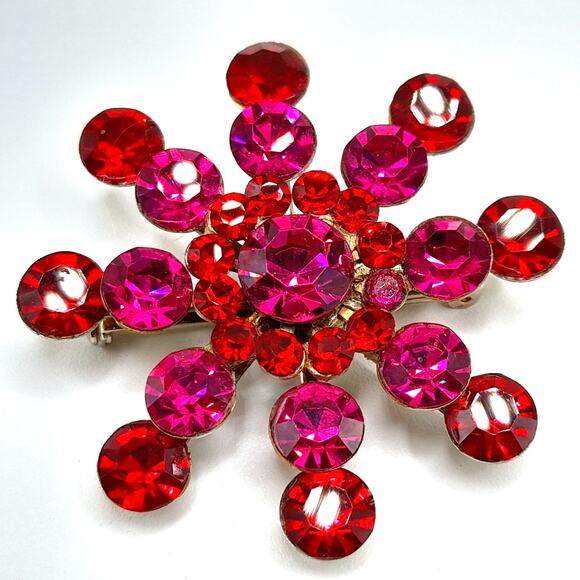 Vintage Red Pink Rhinestone Snowflake Brooch, 1950s, 2 1/8 Inch - Picture 1 of 11